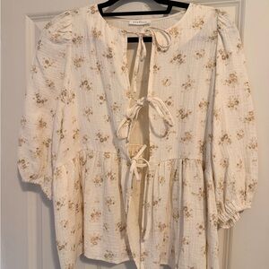 Neuflora Cream Floral Tie-Front Blouse